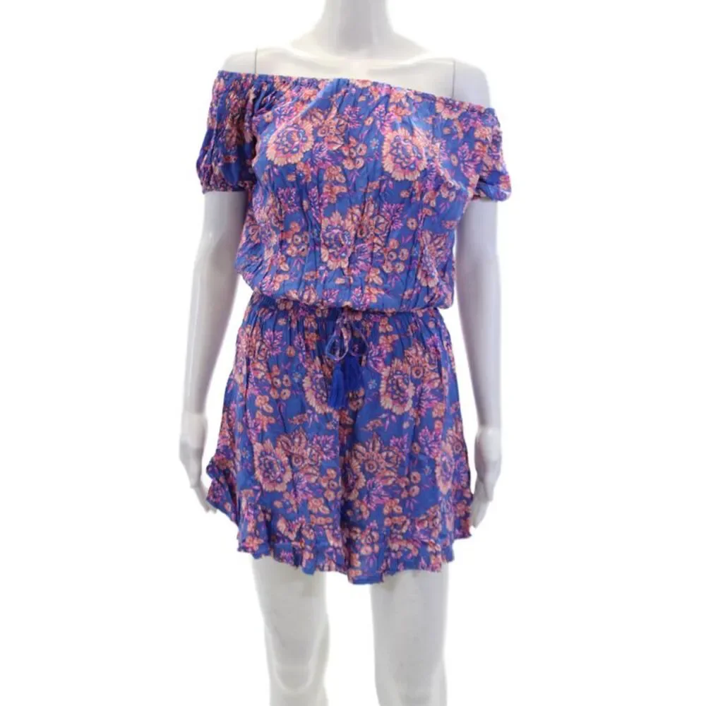 Tiare Hawaii Womens Floral Off Shoulder Elastic Waist Mini Dress Blue Size OS